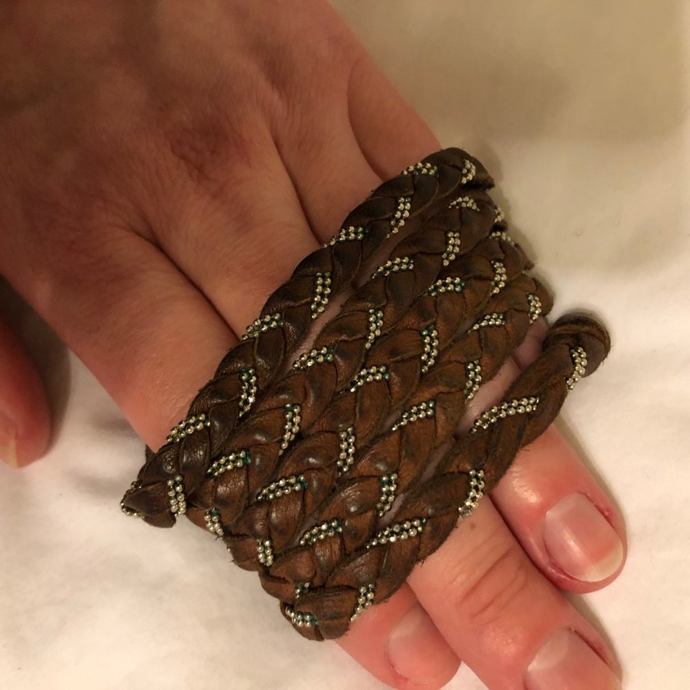 Y2K VTG Sogoli Brown Leather Braided Wrap Bracelet Necklace Gold Ball Chain Boho - Picture 13 of 16